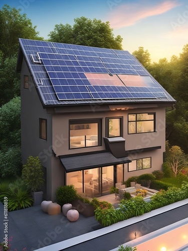 big beautiful house with solar panels on the roof at sunset created with artificial intelligence