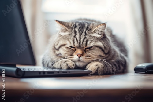 a cute cat is curled up next to a laptop on a white table. Generative AI