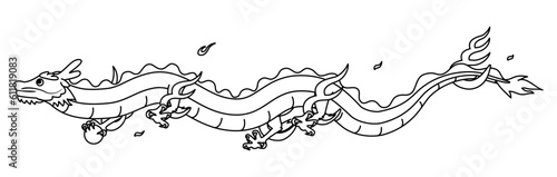 2024年辰年の年賀状素材、体を寝せて空を飛ぶ龍（竜・辰・ドラゴン）、白黒の線画