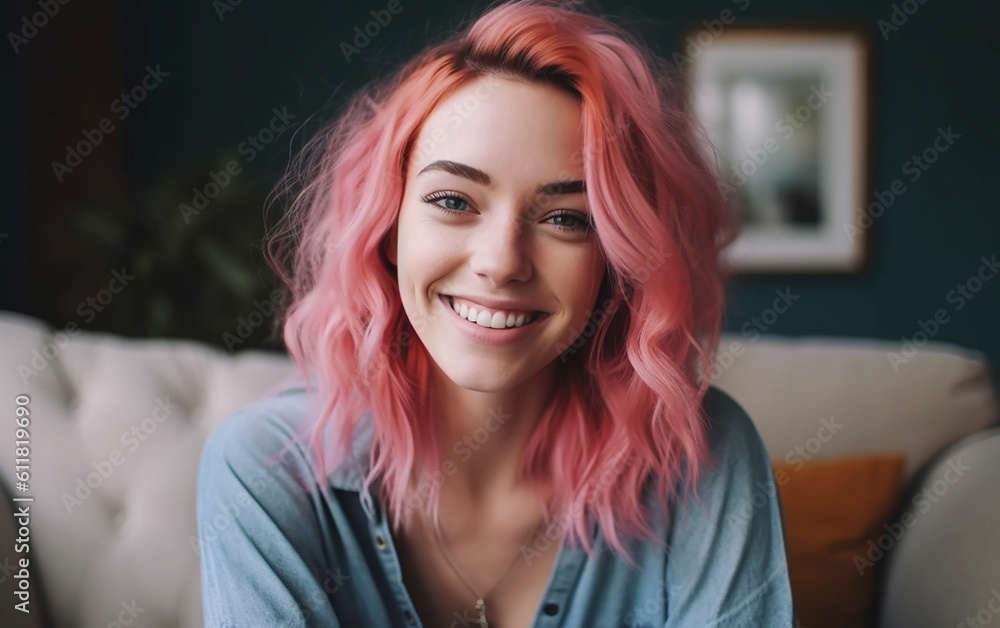 Young adult woman portrait with dyed hair on home background. Attractive and charming woman with colorful hair. Generative AI Young adult woman portrait with dyed hair on home background. Attractive and charming woman with colorful hair. Generative AI