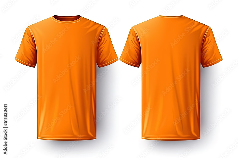 Orange male t-shirt realistic mockup set from front and back view, blank textile print design template for fashion apparel. Created with Generative AI Technology Orange male t-shirt realistic mockup set from front and back view, blank textile print design template for fashion apparel. Created with Generative AI Technology