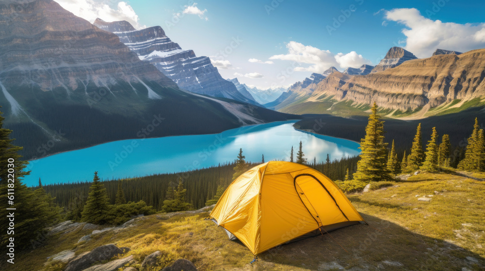  Camping with yellow tent open with  Lake in Icefields
