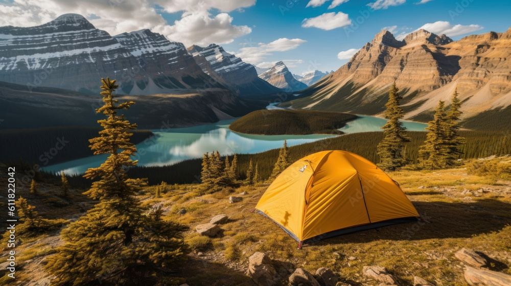 Camping with yellow tent with Lake