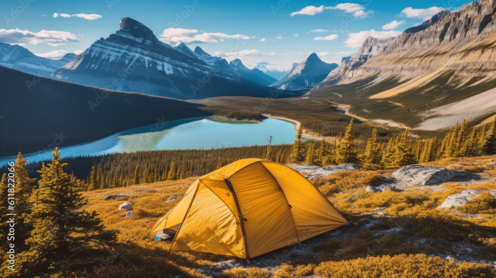 Camping with yellow tent with Lake