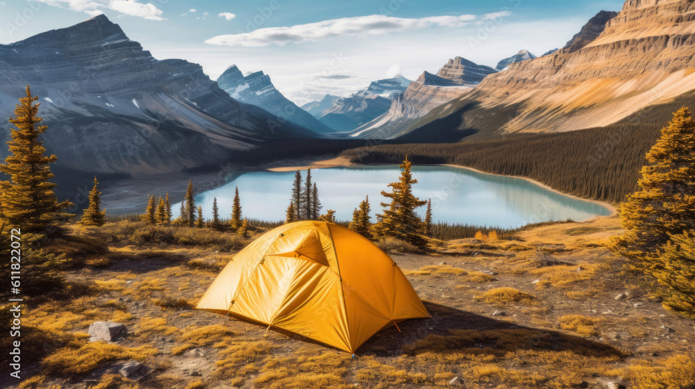  Camping with yellow tent with Lake