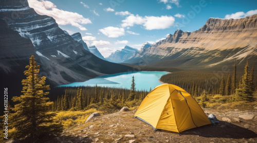  Camping with yellow tent open with Lake in Icefields