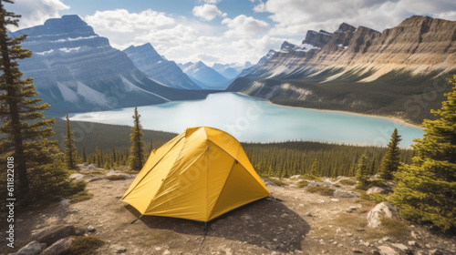  Camping with yellow tent open with  Lake in Icefields © tashechka