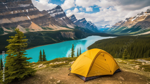  Camping with yellow tent open with Lake in Icefields © tashechka