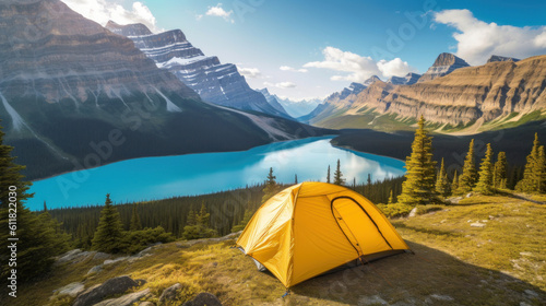  Camping with yellow tent open with  Lake in Icefields © tashechka