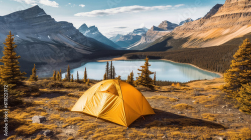  Camping with yellow tent with Lake