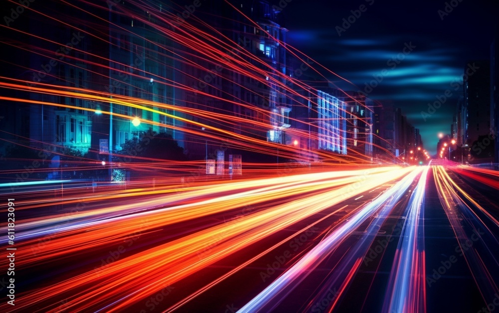 Night Rhythms: Mesmerizing Abstract Light Trails in the Urban Tapestry - High-Quality Wallpaper, Generative AI