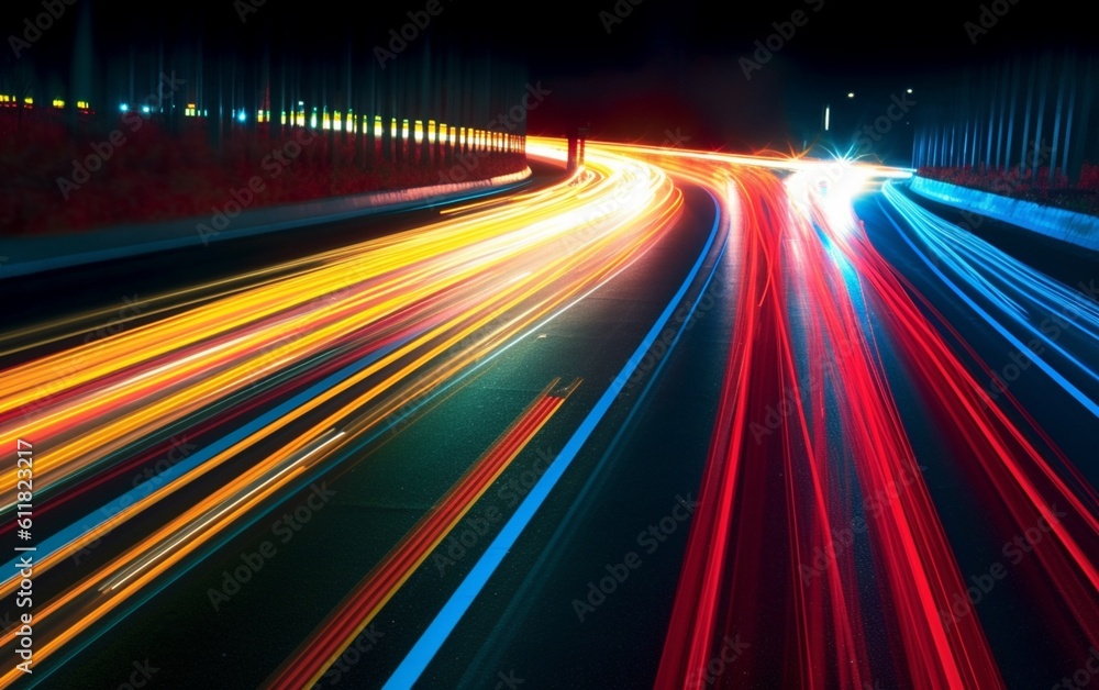 Fototapeta premium Night Rhythms: Mesmerizing Abstract Light Trails in the Urban Tapestry - High-Quality Wallpaper, Generative AI