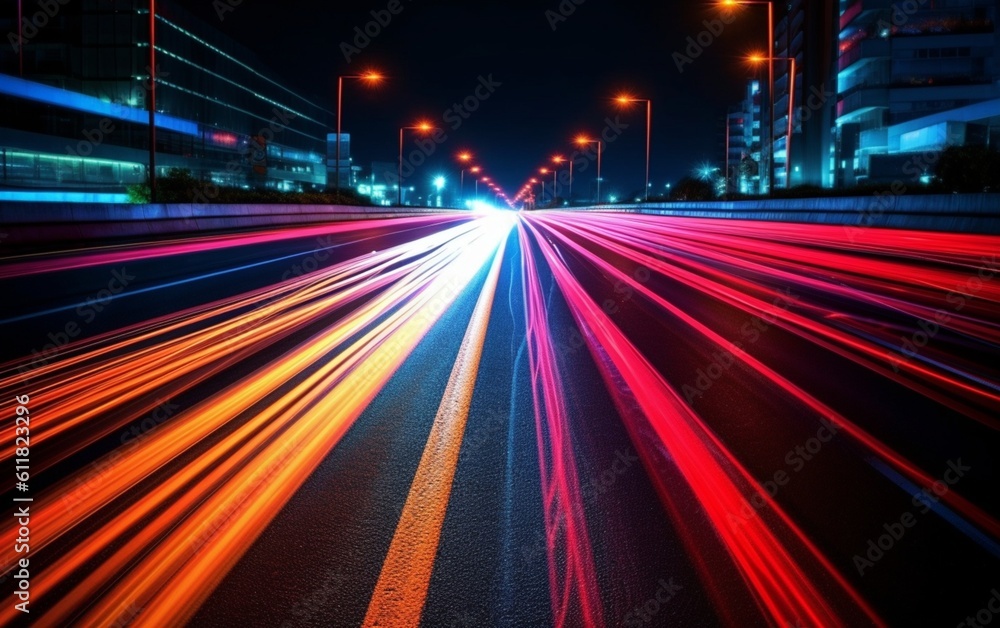 Fototapeta premium Night Rhythms: Mesmerizing Abstract Light Trails in the Urban Tapestry - High-Quality Wallpaper, Generative AI