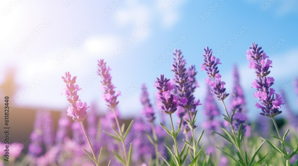 Beautiful purple Levander flowers against a blue sky. Generative AI. Beautiful purple Levander flowers against a blue sky. Generative AI.