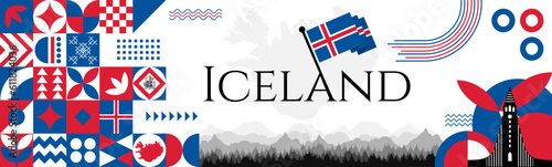 The Icelandic National Day abstract banner design with flag and map. Flag color theme geometric pattern retro modern Illustration design. Blue, red, yellow and white color template.