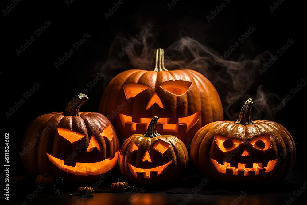 Scary Jack o lantern spooky lit pumpkins for Halloween against a black background with copy space. Generative AI. Scary Jack o lantern spooky lit pumpkins for Halloween against a black background with copy space. Generative AI.