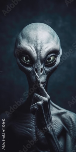 Portrait of an alien. Evil UFO demon. Diabolical creepy face. Whispering fingers. © Fox Ave Designs