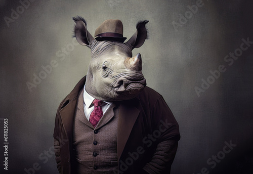 An old traditional businessman Rhinoceros in a suit and tie, Generative AI