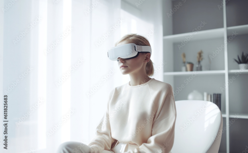 © TRINETTE + CHRIS - Woman in virtual reality therapy session. Generative AI. © TRINETTE + CHRIS - Woman in virtual reality therapy session. Generative AI.