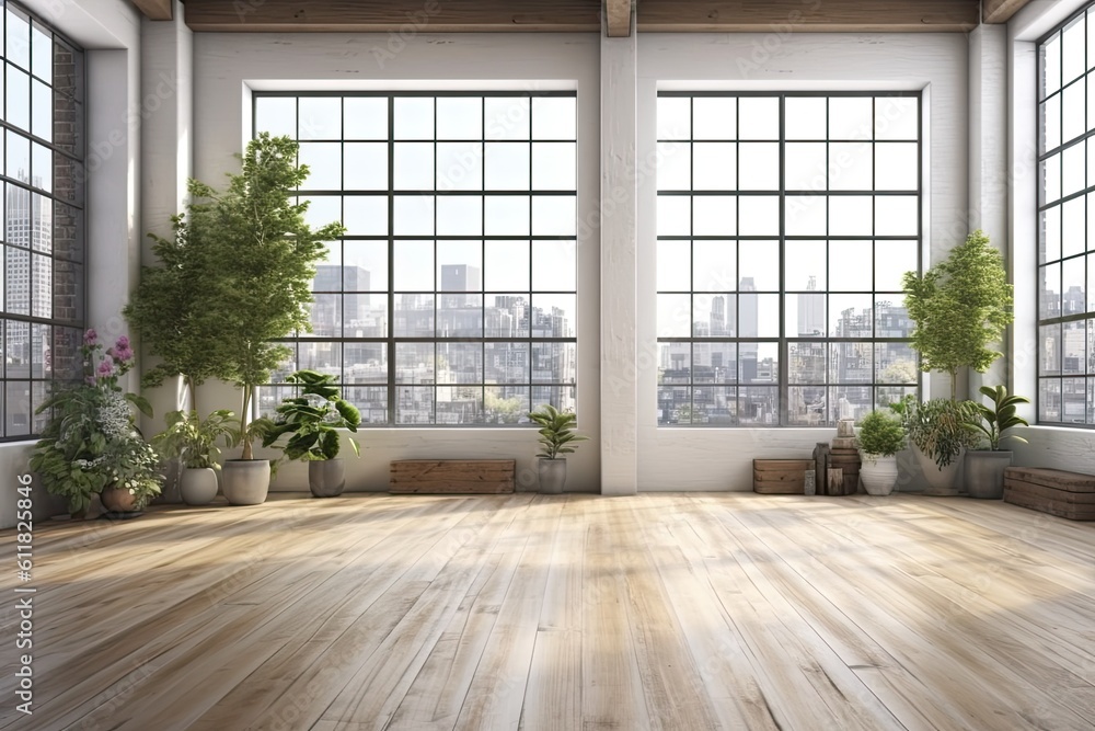 Loft-style large unoccupied space with large windows filled with natural light. timber floor in a white interior mockup. Generative AI Loft-style large unoccupied space with large windows filled with natural light. timber floor in a white interior mockup. Generative AI