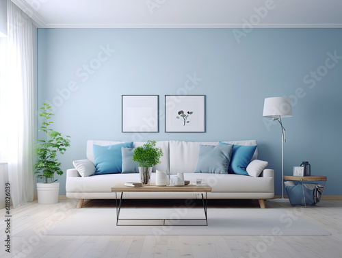 Interior living room with sofa and decorations. Scandinavian design. Generative AI.