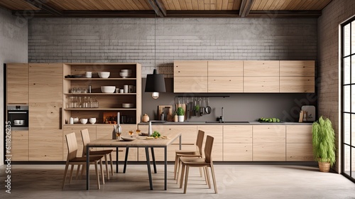 interior scene and mockup  kitchen and bar  wooden furniture in a scandinavian design. Generative AI
