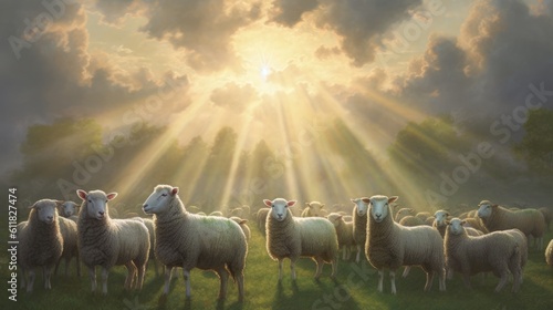 flock of sheep walking towards a radiant beam of light generative ai