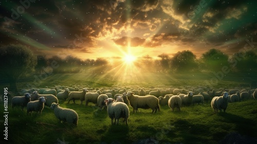 flock of sheep walking towards a radiant beam of light generative ai