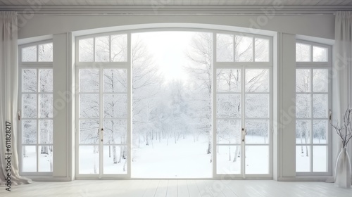 Window view of a wintery scene in a white, empty room. Scandinavian style in decorating. Generative AI