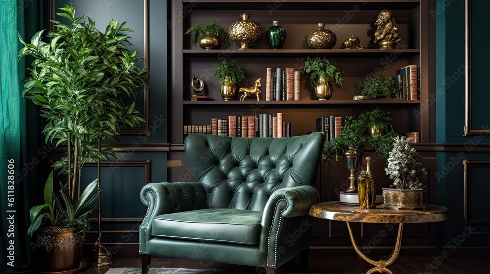 An attractive armchair, a gold bar cabinet, decorations, pillow plants, and personal accessories complete the living room's interior design. interior design. shelf and green wall Generative AI