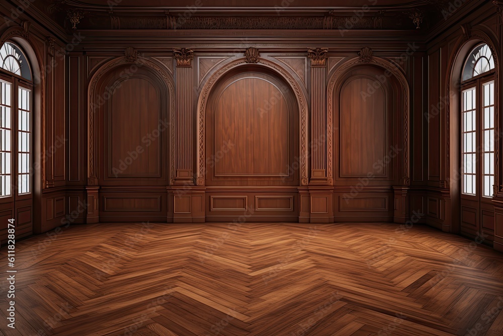 An empty room with brown parquet flooring is seen from the front in this product mockup presentation setting. Generative AI An empty room with brown parquet flooring is seen from the front in this product mockup presentation setting. Generative AI