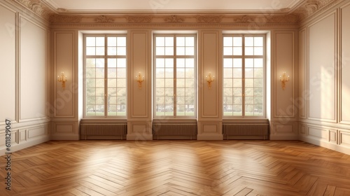 Brown walls  three windows  light-gloss parquet flooring  and a white plinth can be seen in this empty corner of the room. A perspective. a Work Path on the Windows  please. 300 dpi  Generative AI