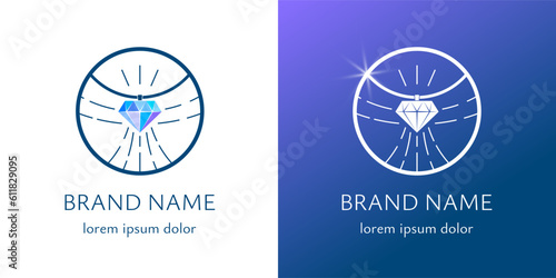 Diamond with abstract bird wings in circle logo. Jewelry and bijouterie business brand identity logotype design concept. Luxury jewellery boutique company corporate branding vector eps template