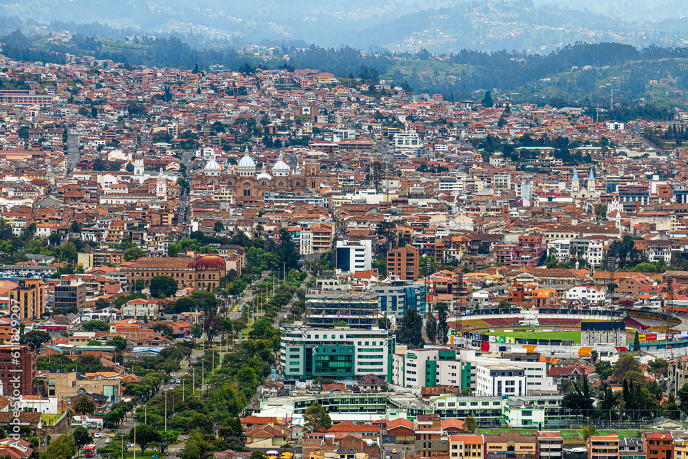 Panoramic top view of the city of Cuenca, located in the valley, from the observation deck of Turi, Ecuador