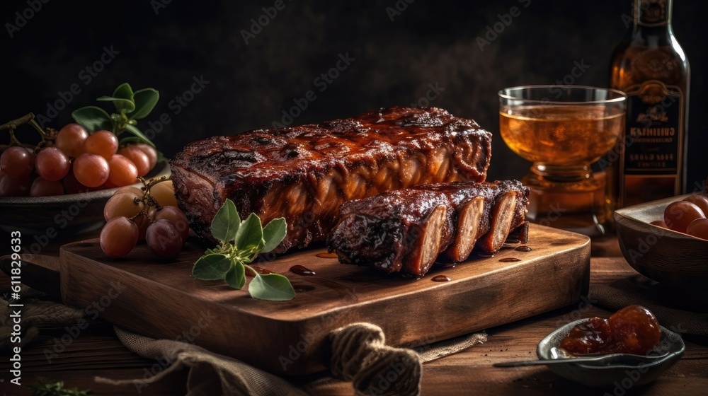 Beautiful Brown red barbecue ribs photos with perfect angel view and blurred background