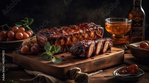 Beautiful Brown red barbecue ribs photos with perfect angel view and blurred background