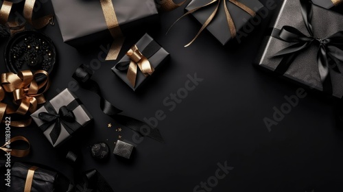 Black Friday Background Top view concept design of gift box and black tape on black background