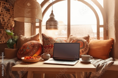 Blank laptop screen on a table with bohemian accents. Interior design template in a minimalistic boho style with mockup copy space. Generative AI