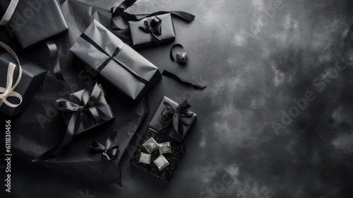 Black Friday Background Top view concept design of gift box and black tape on black background