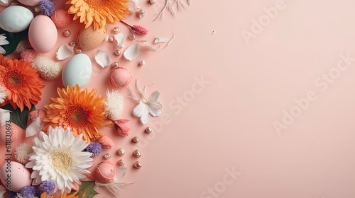 Happy Easter Day background with colorful eggs and flowers on pastel background
