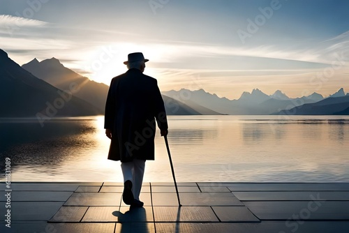 Silhouette on a senior man walking with a cane at dusk. (AI-generated fictional illustration) 