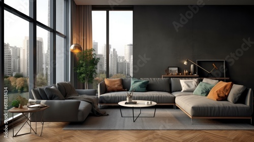 Large windows, a wooden floor, and a gray sofa and armchair can be found in the corner of a black and gray living room. a mockup Generative AI © 2rogan