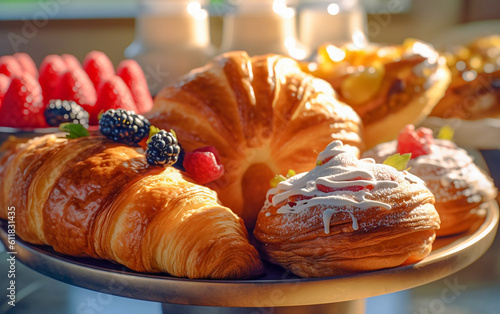 viennoiserie.A delectable assortment of mixed berries accompanies this freshly baked French pastry   Generative AI photo