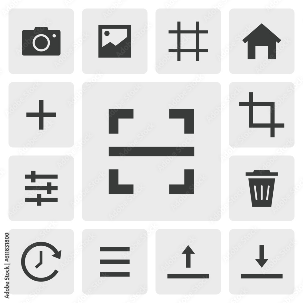 Scan icon vector design. Simple set of smartphone app icons silhouette, solid black icon. Phone application icons concept. Scan, camera, shot, gallery, home, crop, recent files, delete icons buttons Scan icon vector design. Simple set of smartphone app icons silhouette, solid black icon. Phone application icons concept. Scan, camera, shot, gallery, home, crop, recent files, delete icons buttons