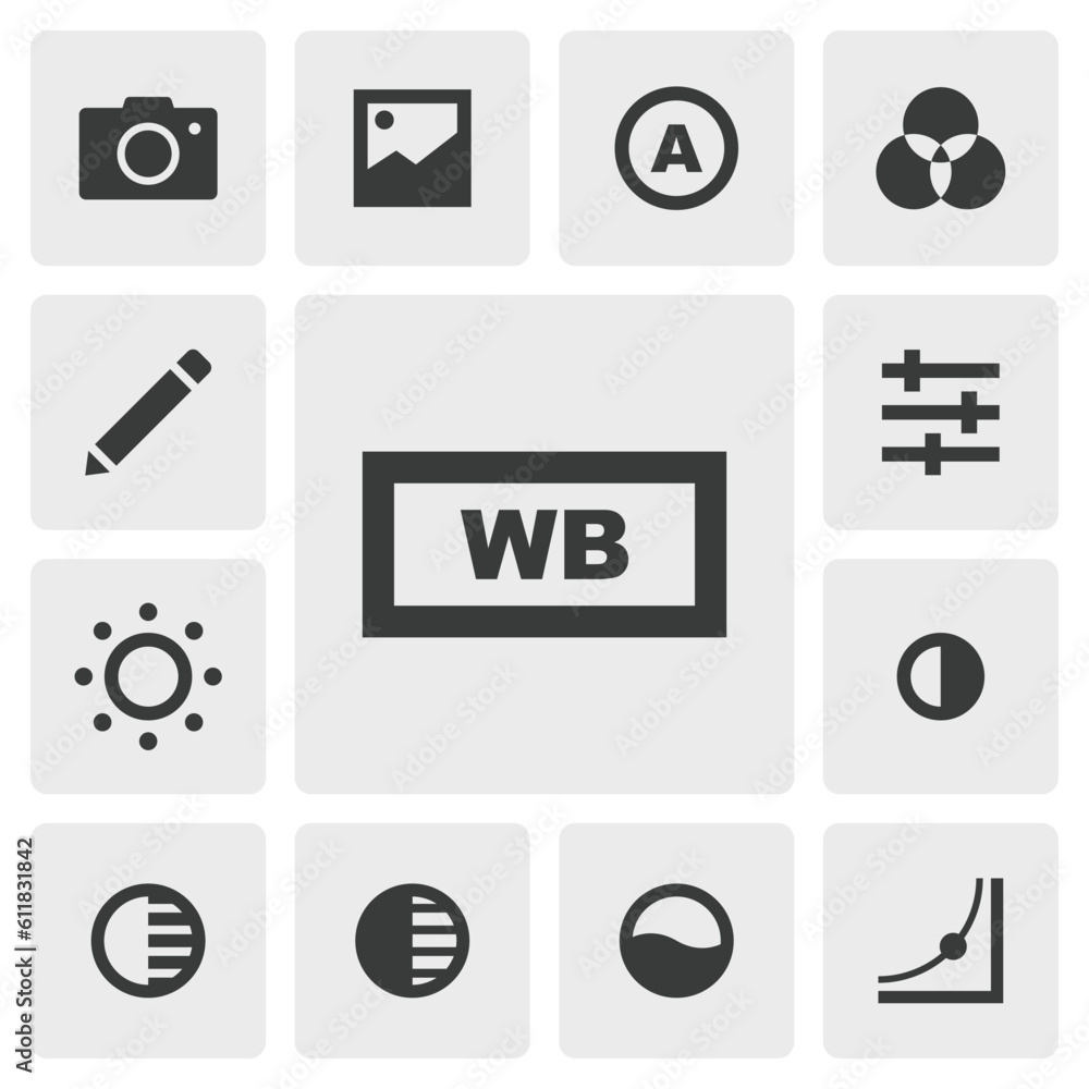 White balance icon vector design. Simple set of photo editor app icons silhouette, solid black icon. Phone application icons concept. Color, brightness, contrast, white, shadow, saturation buttons White balance icon vector design. Simple set of photo editor app icons silhouette, solid black icon. Phone application icons concept. Color, brightness, contrast, white, shadow, saturation buttons