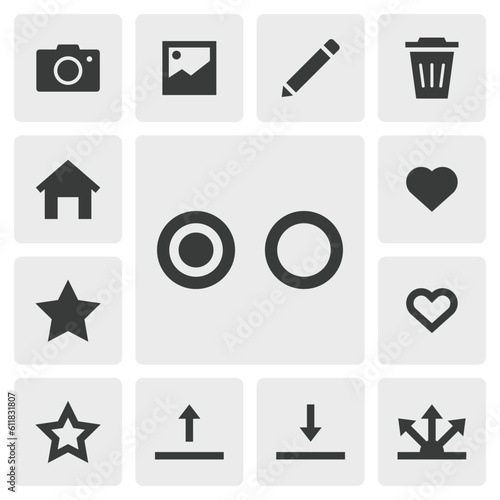 Select and deselect icon vector design. Simple set of smartphone app icons silhouette, solid black icon. Phone application icons concept. Home, select, unselect, share, delete, edit, favorite buttons photo