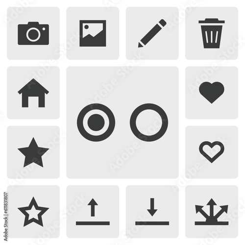 Select and deselect icon vector design. Simple set of smartphone app icons silhouette, solid black icon. Phone application icons concept. Home, select, unselect, share, delete, edit, favorite buttons