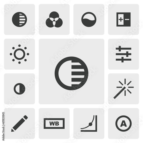 White icon vector design. Simple set of photo editor app icons silhouette  solid black icon. Phone application icons concept. White  shadow  color  saturation  brightness  contrast  filter buttons