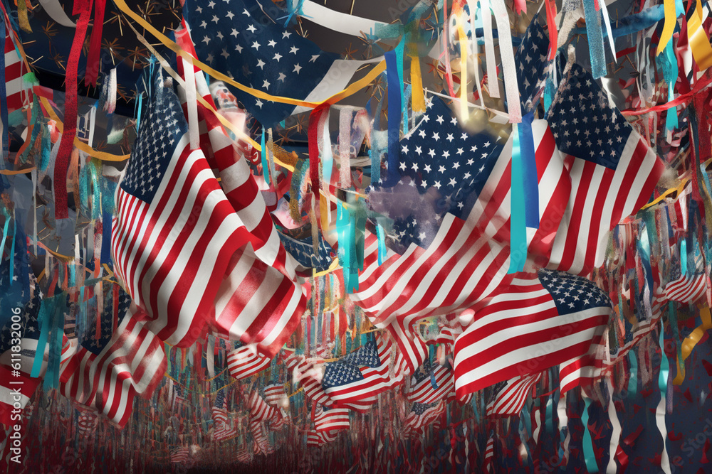 Captivating composition: The flag of America stands tall amidst isolated garlands of pennants in an engaging illustration, ready for your copy. Generative AI