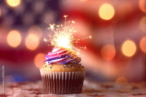 Dynamic symbolism: The blazing sparkler enhances the allure of a cupcake amidst a defocused USA flag background, embodying the spirit of celebration. Generative AI